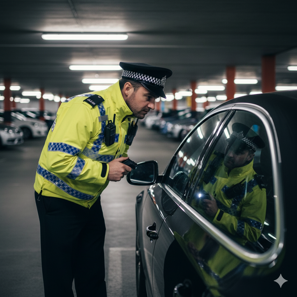 Police man looking in car window